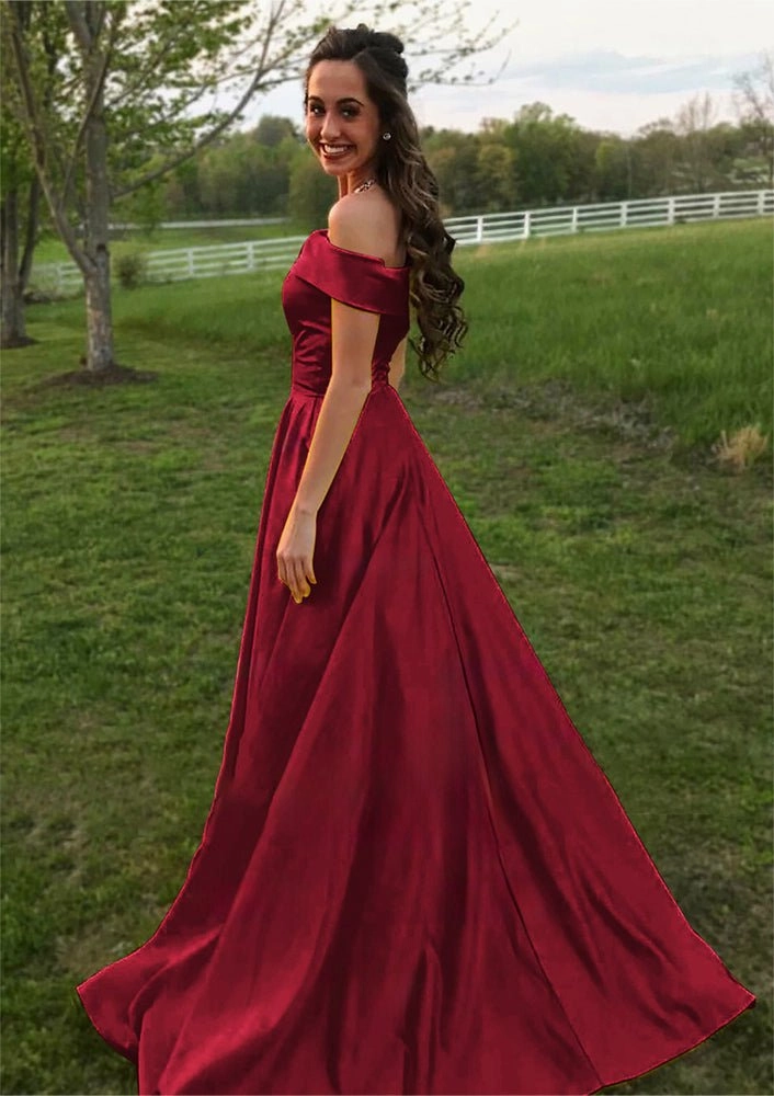 Evella | A Line Yellow Off The Shoulder Satin Prom Dress With Pockets