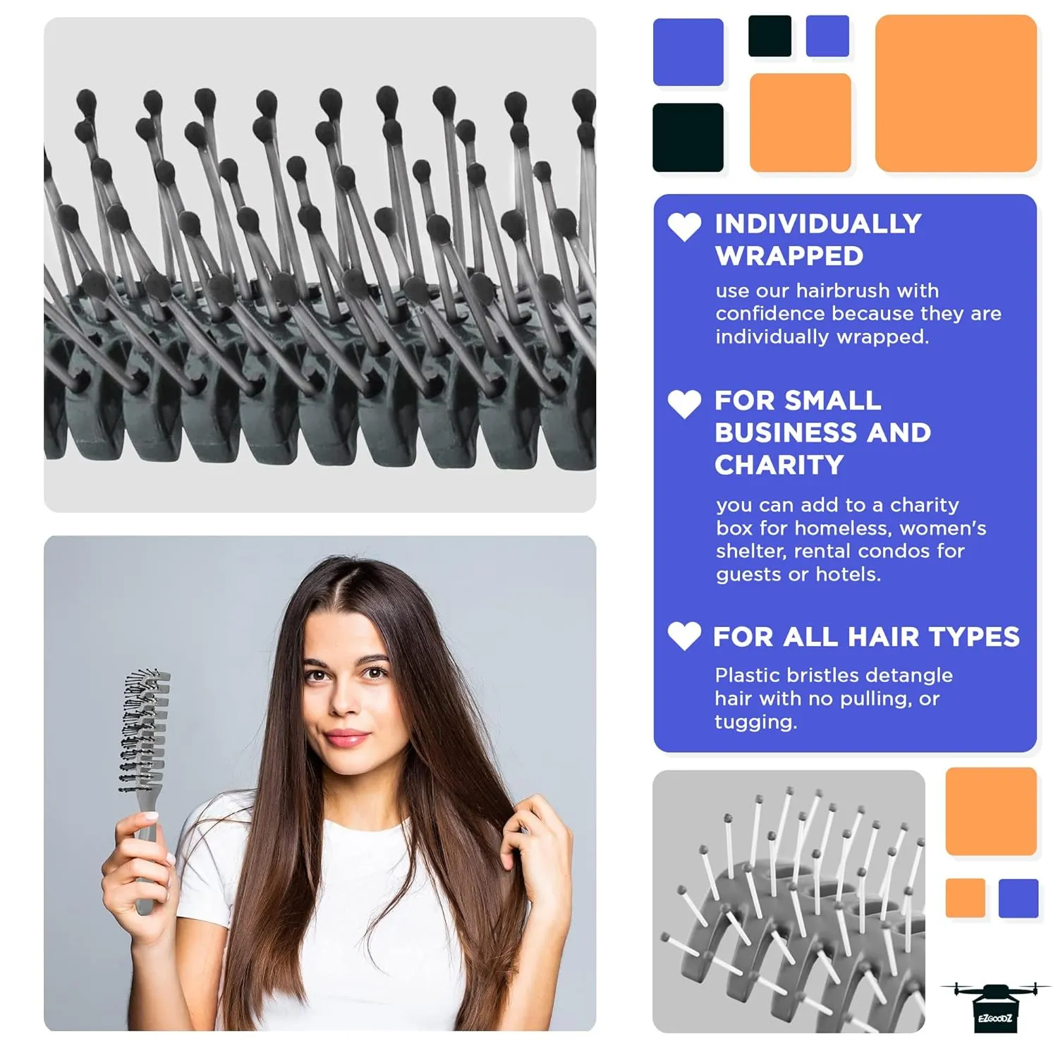 EZGOODZ Gray Vent Hair Brush, 8 Inch. Pack of 12 Plastic Hairbrushes for Woman & Man. Gentle Brushing and Hair Care for Spa Salons. Bulk Hair Brushes with Plastic Bristles