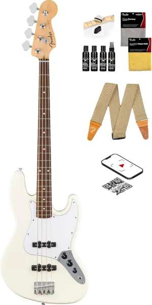 Fender Standard Jazz Bass - Olympic White Bundle with Strap, Guitar Cleaning Kit and Austin Bazaar Instructional Video
