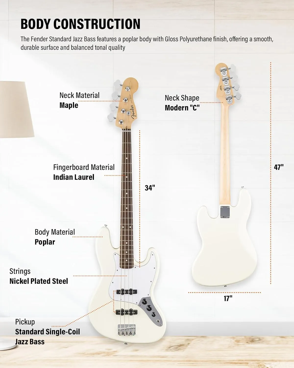 Fender Standard Jazz Bass - Olympic White Bundle with Strap, Guitar Cleaning Kit and Austin Bazaar Instructional Video