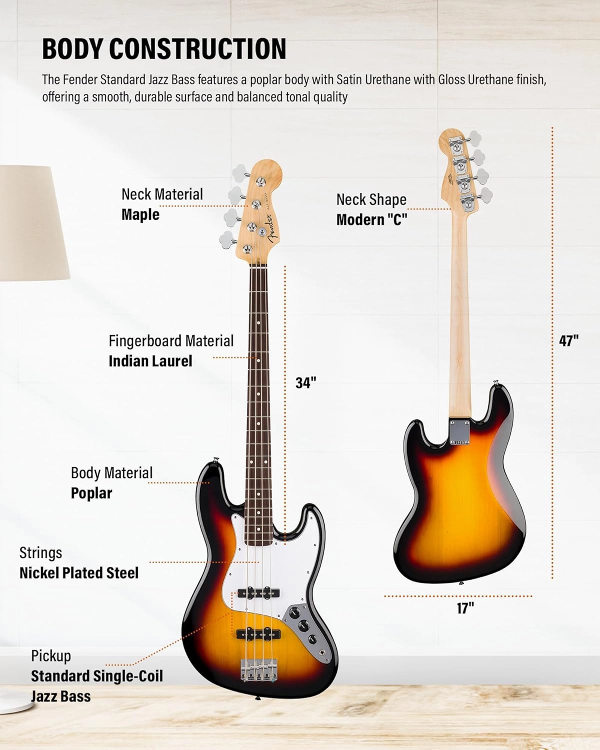 Fender Standard Jazz Bass - 3-Color Sunburst Bundle with Strap, Guitar Cleaning Kit and Austin Bazaar Instructional Video