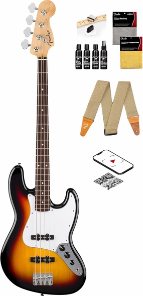 Fender Standard Jazz Bass - 3-Color Sunburst Bundle with Strap, Guitar Cleaning Kit and Austin Bazaar Instructional Video