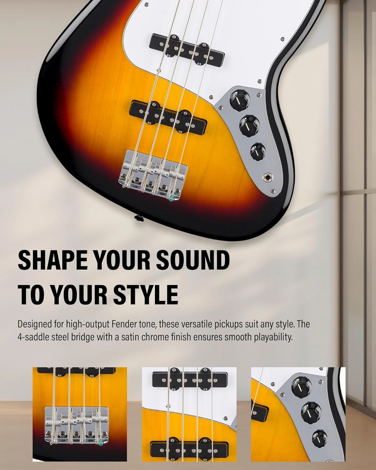 Fender Standard Jazz Bass - 3-Color Sunburst Bundle with Strap, Guitar Cleaning Kit and Austin Bazaar Instructional Video