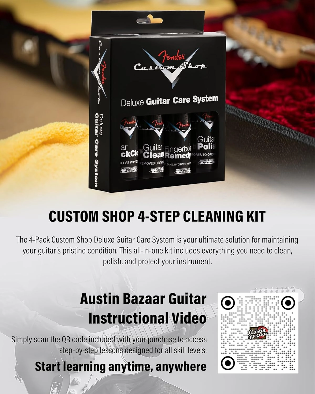 Fender Standard Jazz Bass - Black Bundle with Strap, Guitar Cleaning Kit and Austin Bazaar Instructional Video