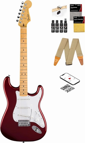 Fender Standard Stratocaster - Red Bundle with Strap, Guitar Cleaning Kit and Austin Bazaar Instructional Video