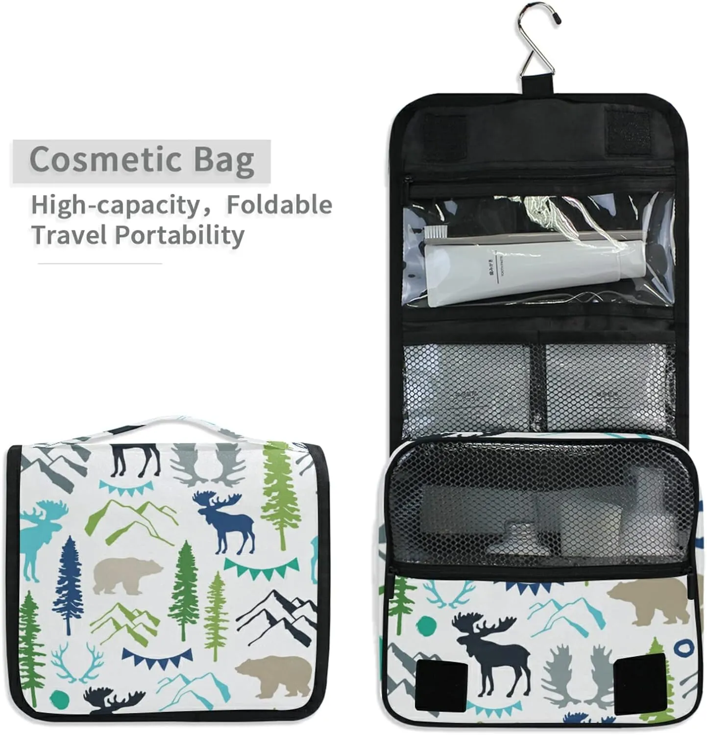 Forest Moose Reindeer Bear Mountains Trees Wild Nature Hanging Wash Gargle Toiletry Bag Travel Cosmetic Makeup Case Organizer Storage Large Portable