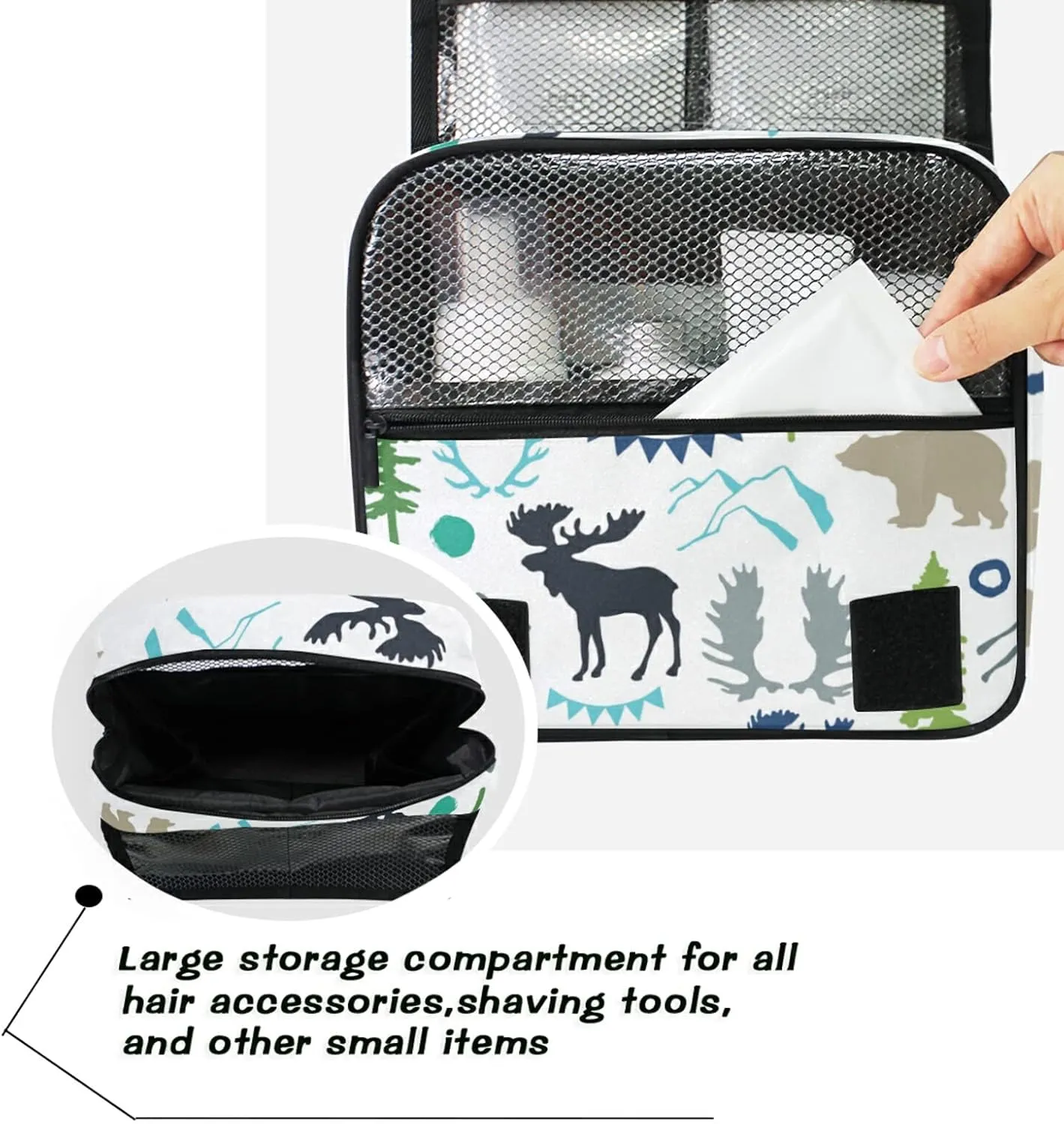 Forest Moose Reindeer Bear Mountains Trees Wild Nature Hanging Wash Gargle Toiletry Bag Travel Cosmetic Makeup Case Organizer Storage Large Portable