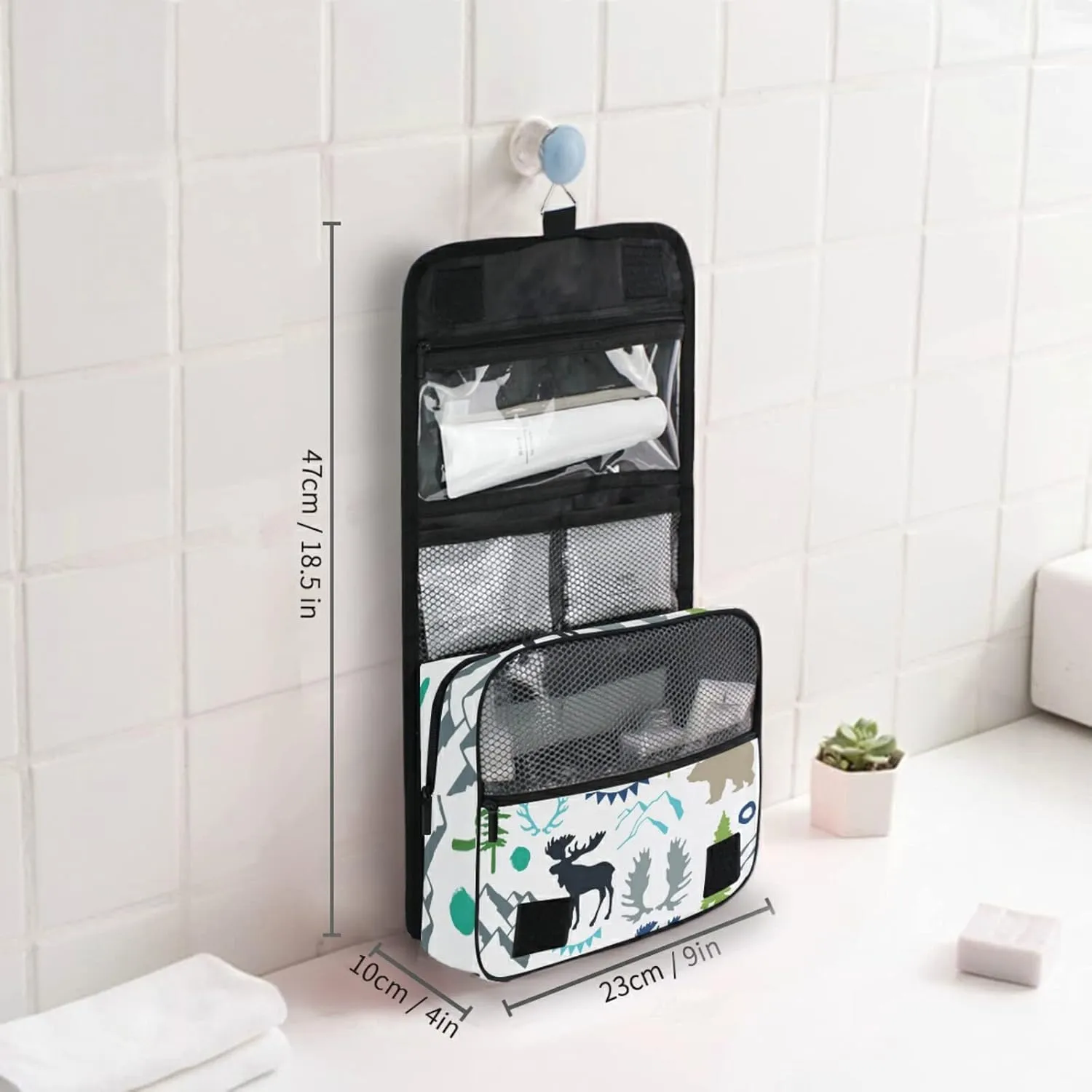 Forest Moose Reindeer Bear Mountains Trees Wild Nature Hanging Wash Gargle Toiletry Bag Travel Cosmetic Makeup Case Organizer Storage Large Portable