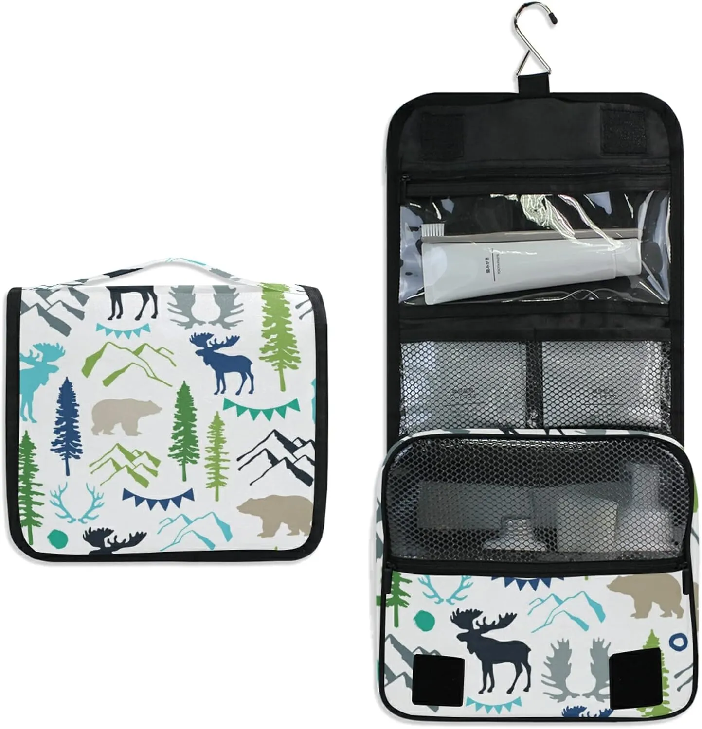 Forest Moose Reindeer Bear Mountains Trees Wild Nature Hanging Wash Gargle Toiletry Bag Travel Cosmetic Makeup Case Organizer Storage Large Portable