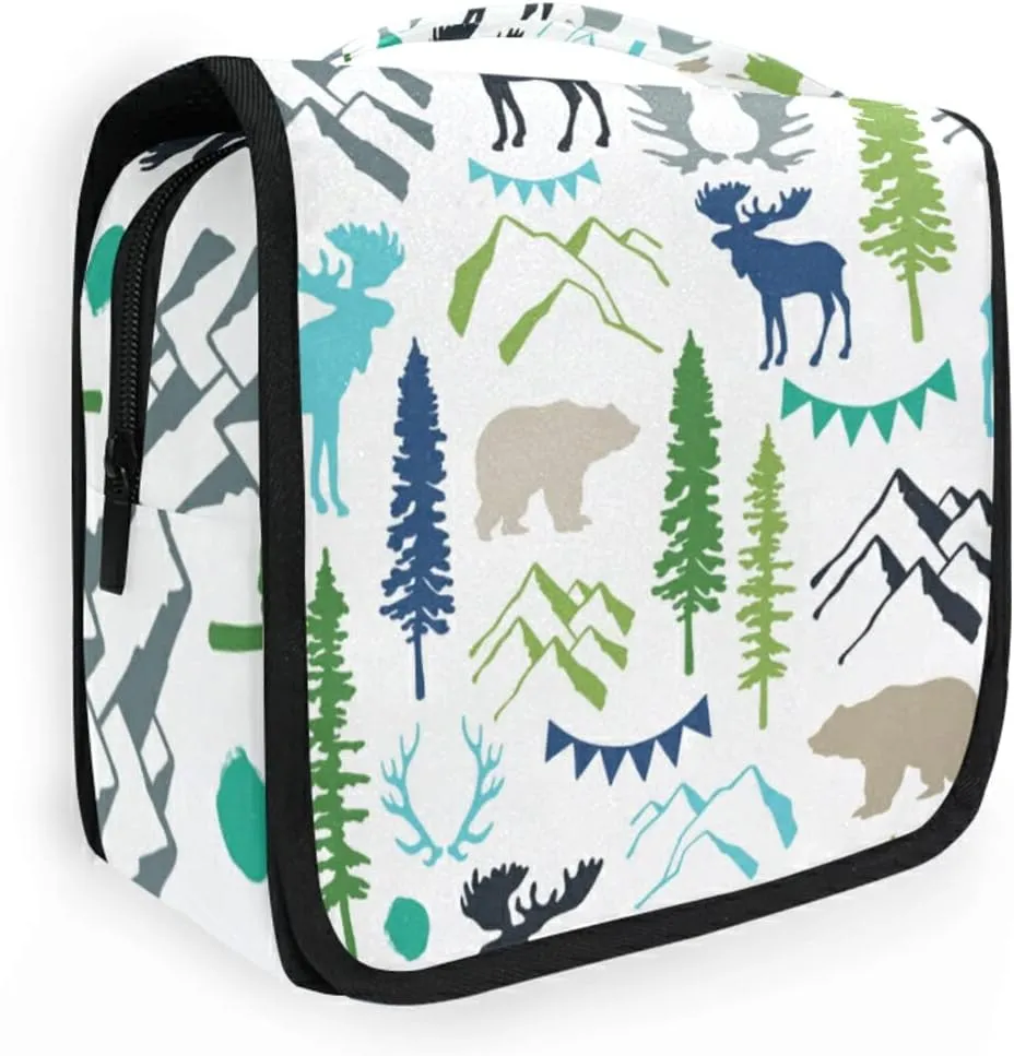 Forest Moose Reindeer Bear Mountains Trees Wild Nature Hanging Wash Gargle Toiletry Bag Travel Cosmetic Makeup Case Organizer Storage Large Portable