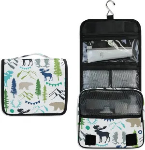 Forest Moose Reindeer Bear Mountains Trees Wild Nature Hanging Wash Gargle Toiletry Bag Travel Cosmetic Makeup Case Organizer Storage Large Portable
