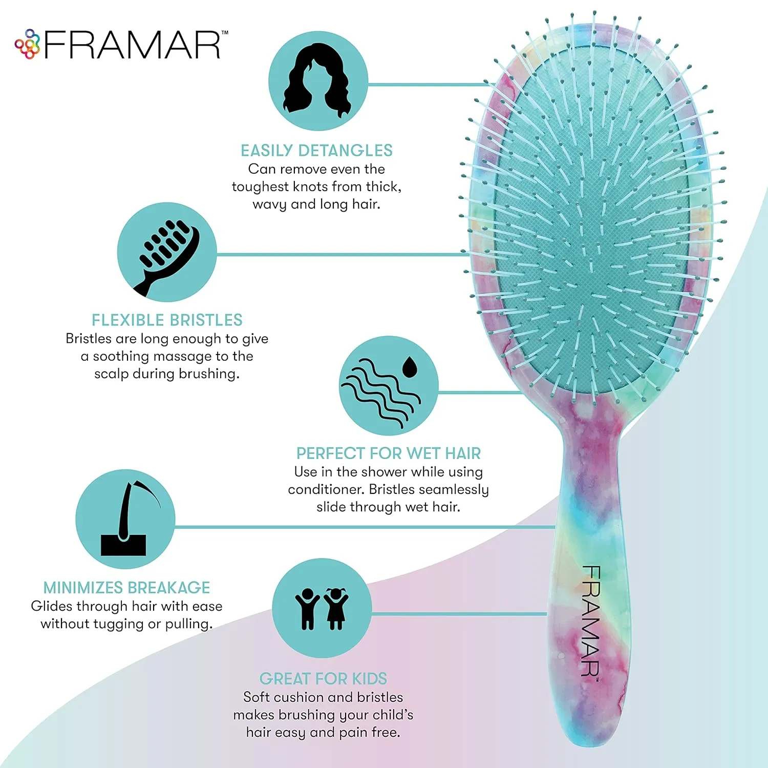 FRAMAR Purple Hair Brush Detangler, Detangling Hairbrush For Women, Wet Hair Brush For Girls, Hair Detangler Brush, Wet Hairbrush, Hairbrushes, Girls Hairbrush Detangler, Reduces Frizz – Tie Dye
