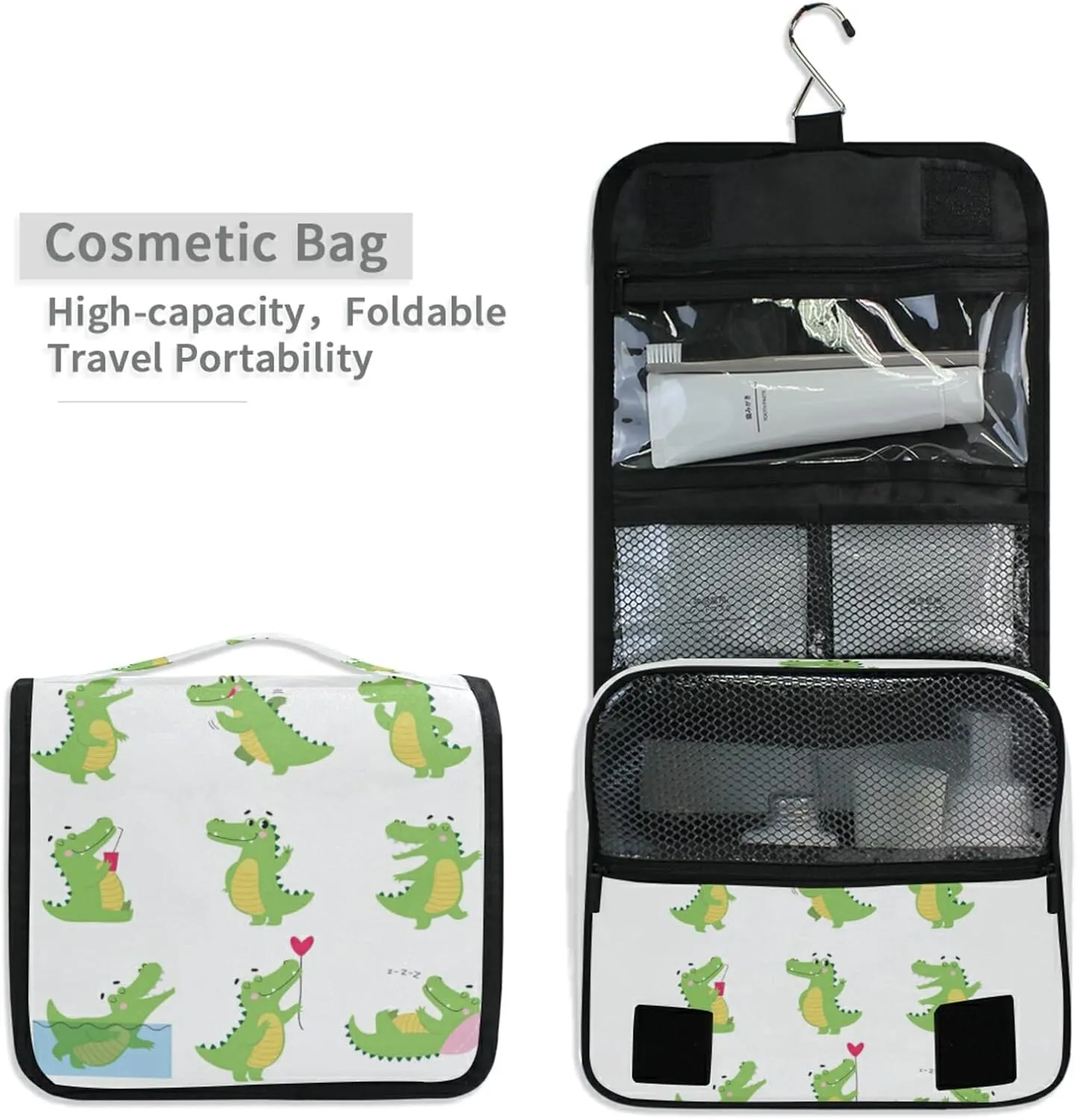 Funny Green Crocodiles with Different Actions Cute Alligator Predator Hanging Wash Gargle Toiletry Bag Travel Cosmetic Makeup Case Organizer Storage Large Portable
