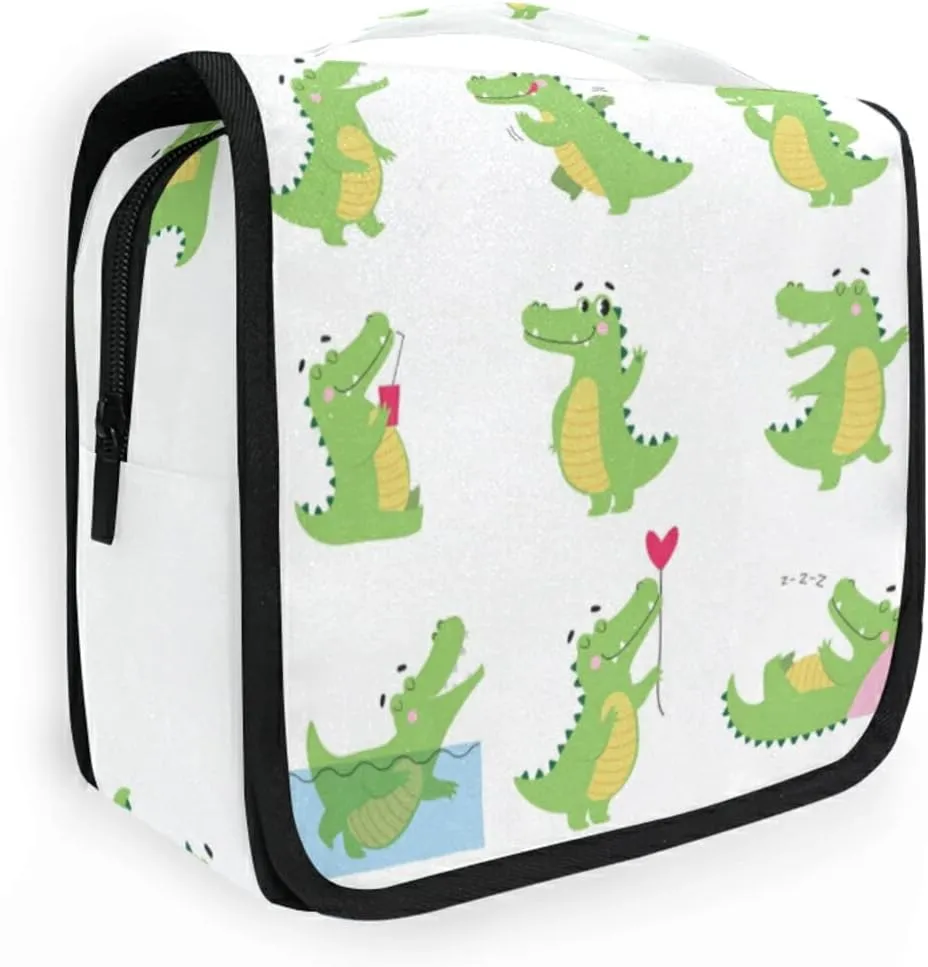 Funny Green Crocodiles with Different Actions Cute Alligator Predator Hanging Wash Gargle Toiletry Bag Travel Cosmetic Makeup Case Organizer Storage Large Portable