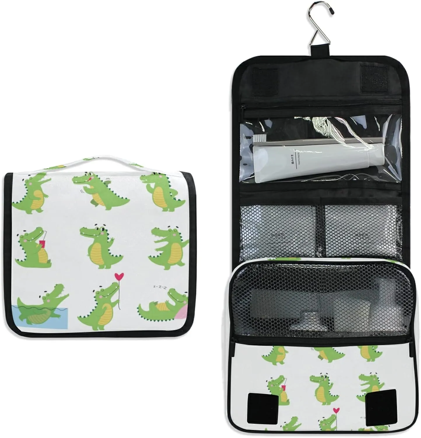 Funny Green Crocodiles with Different Actions Cute Alligator Predator Hanging Wash Gargle Toiletry Bag Travel Cosmetic Makeup Case Organizer Storage Large Portable