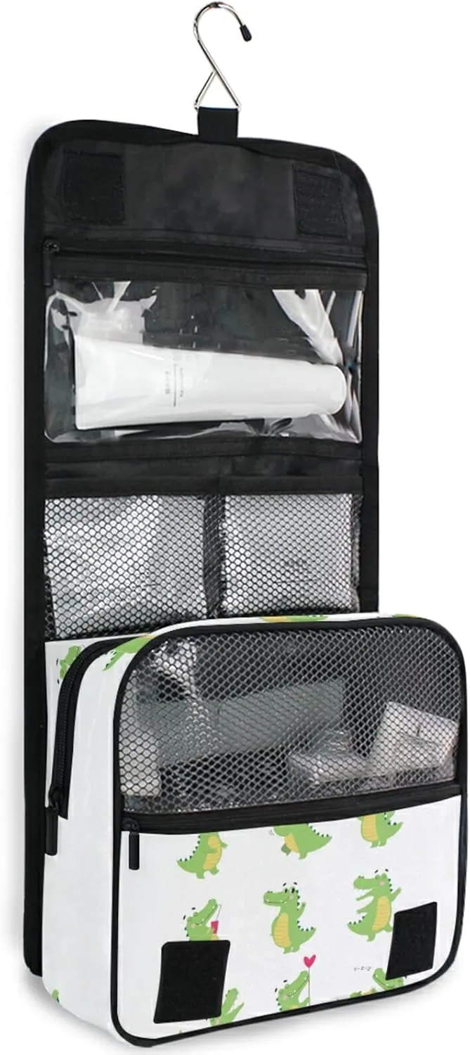 Funny Green Crocodiles with Different Actions Cute Alligator Predator Hanging Wash Gargle Toiletry Bag Travel Cosmetic Makeup Case Organizer Storage Large Portable