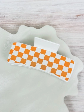 Game Day Large Checkered Hair Clip - Orange & White