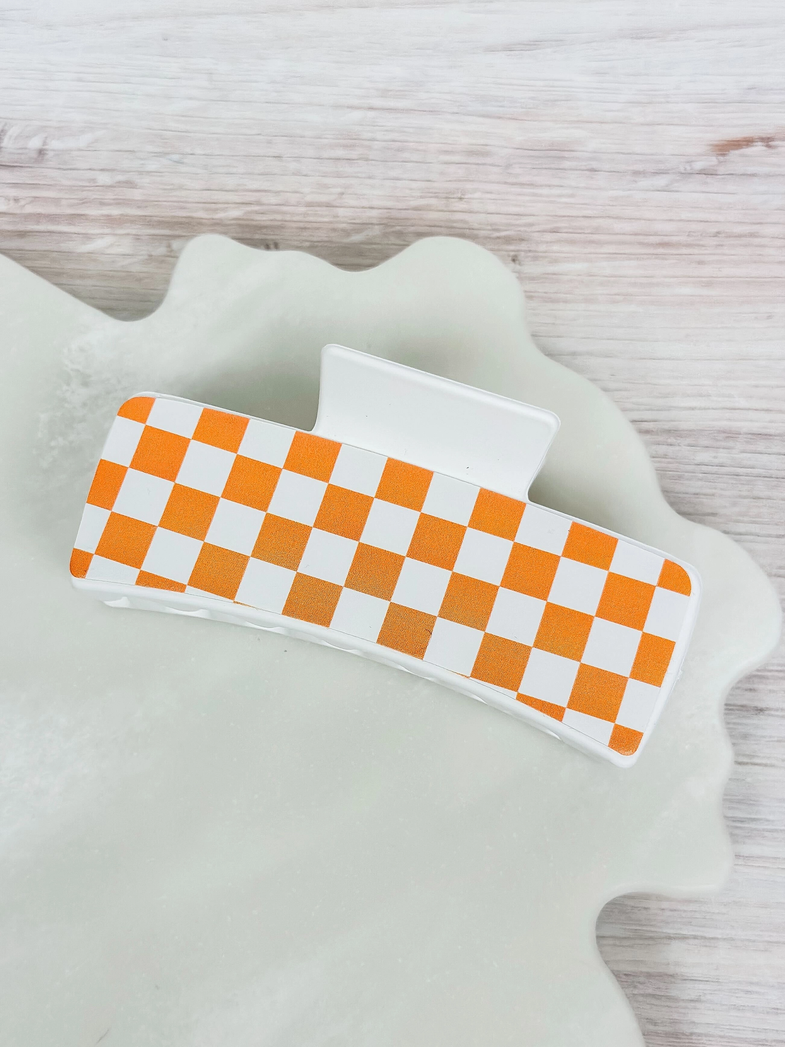 Game Day Large Checkered Hair Clip - Orange & White