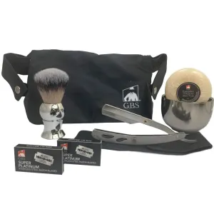 G.B.S Men’s Wet Shaving Kit, Interchangeable Shaving Razor, Synthetic Badger Hairbrush, Mesh Travelling Toiletry Bag, Shavette Razor
