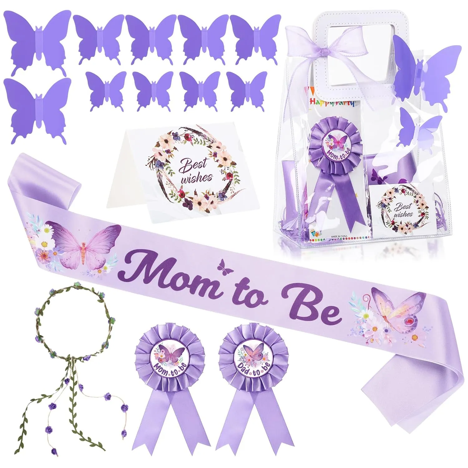 Giegxin 7 Pcs Butterfly Dad and Mom to Be Gift Set-Butterfly Baby Shower Maternity Sash Kit New Mom Dad Pins Gender Reveal Headband Gift Card Clear Favor Bag for New Parents Party Favor Photo Props