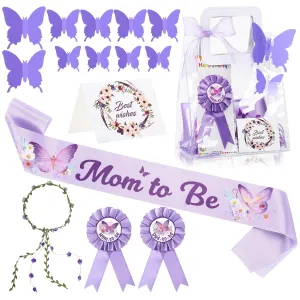 Giegxin 7 Pcs Butterfly Dad and Mom to Be Gift Set-Butterfly Baby Shower Maternity Sash Kit New Mom Dad Pins Gender Reveal Headband Gift Card Clear Favor Bag for New Parents Party Favor Photo Props