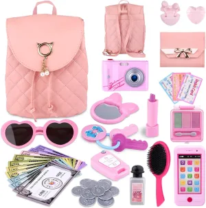 Gifts2U Play Purse for Little Girls,Toddler Purse Toy with Backpack,Camera,Earphone,Phone,Makeup Set,Wallet,Car Keys,Credit Cards,Play Money,Pretend Kids Purse Play Set for 3 4 5 6 Ages