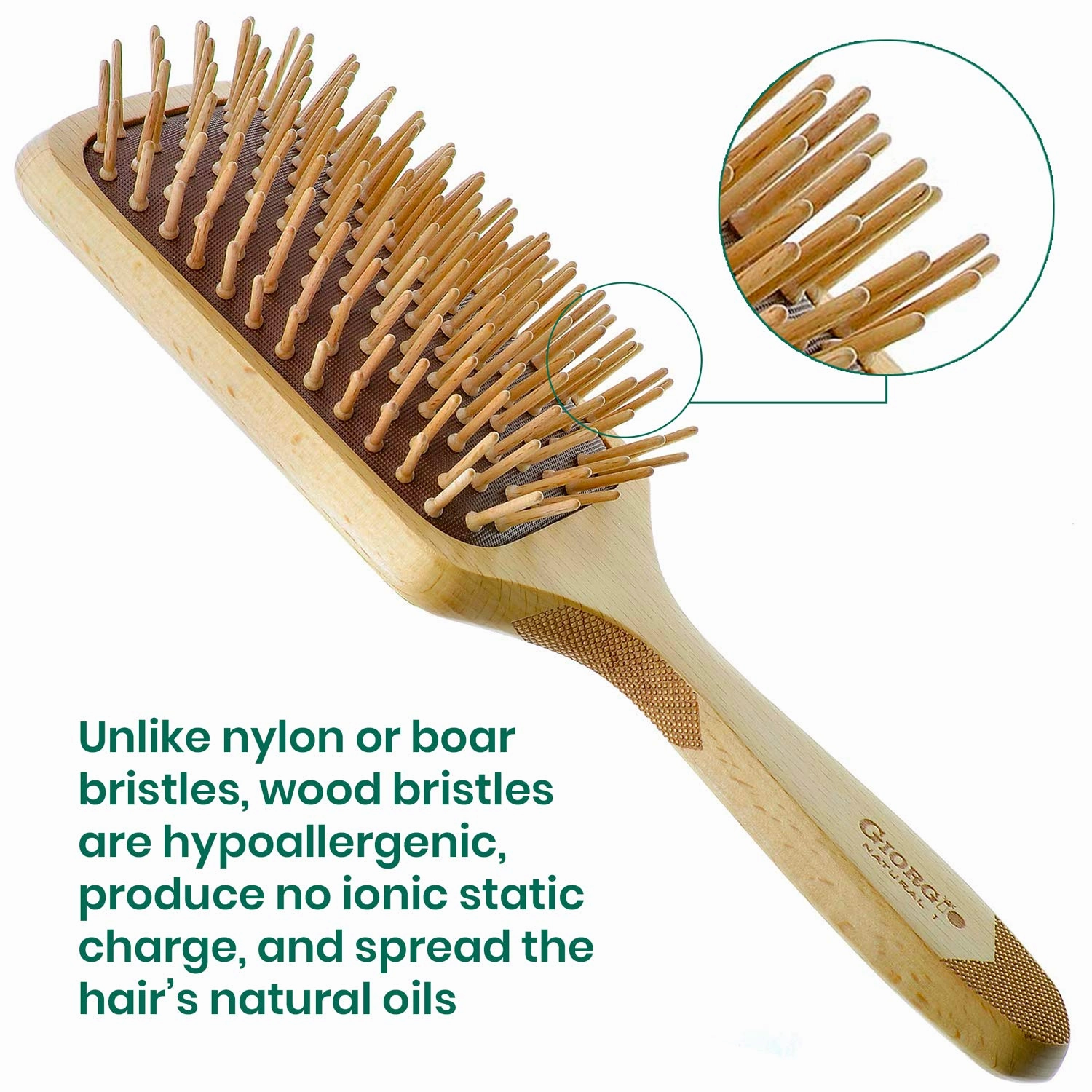 Giorgio Eco Friendly Wooden Bristle Hairbrush - Bundle Detangling Brush and Hair Growth Brush for Thick or Long Hair - Paddle Hair Brush Made with Anti Static Beechwood, Silicone Massage Cushion