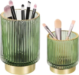 Glass Makeup Brush Holder,Gold Makeup Brush Cup Holder Organizer,Cute Pen Holder for Desktop,Vintage Vanity Brush Storage Organizer for Paint Brush,Pen,Pencil,Eyeliner(Green)