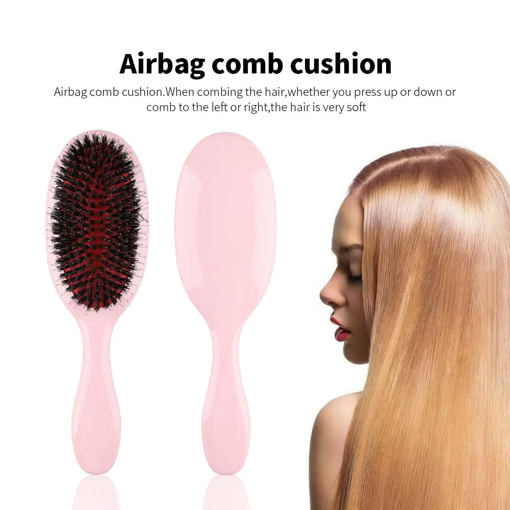 Glossy Nylon Teeth Boar Bristle Hair Extension Brush with Velvet Drawstring Bag Cushion Hair Brush for Women Hair Styling Smoothing Detangling Hairbrush Comb Paddle Detanging