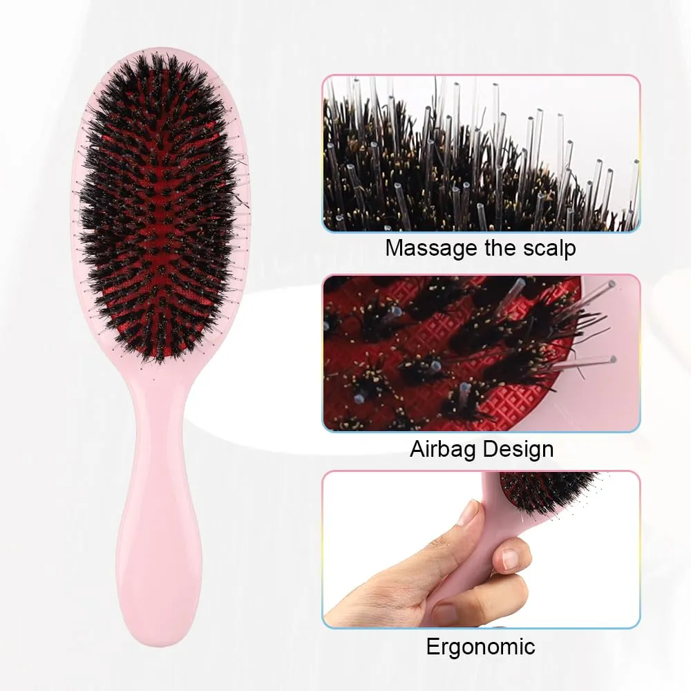 Glossy Nylon Teeth Boar Bristle Hair Extension Brush with Velvet Drawstring Bag Cushion Hair Brush for Women Hair Styling Smoothing Detangling Hairbrush Comb Paddle Detanging