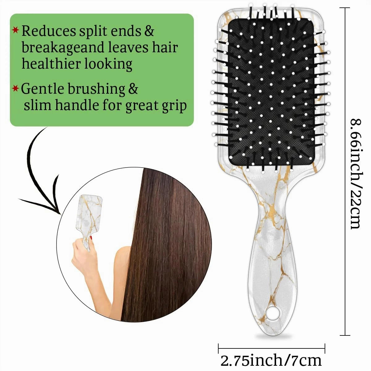 Gold White Marble Hair Brush for Kids Girls Boys, Wet Dry Detangling Hair Brush Soft Bristle Hair Brushes Paddle Hairbrush for All Hair Types Women Men
