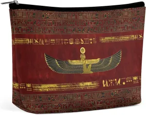 Golden Egyptian Eyes Egypt God Hieroglyphs Portable Cosmetic Bag Multifunction Storage Pouch PU Makeup Bag, Stationery Organizer with Zipper for Reunion Office