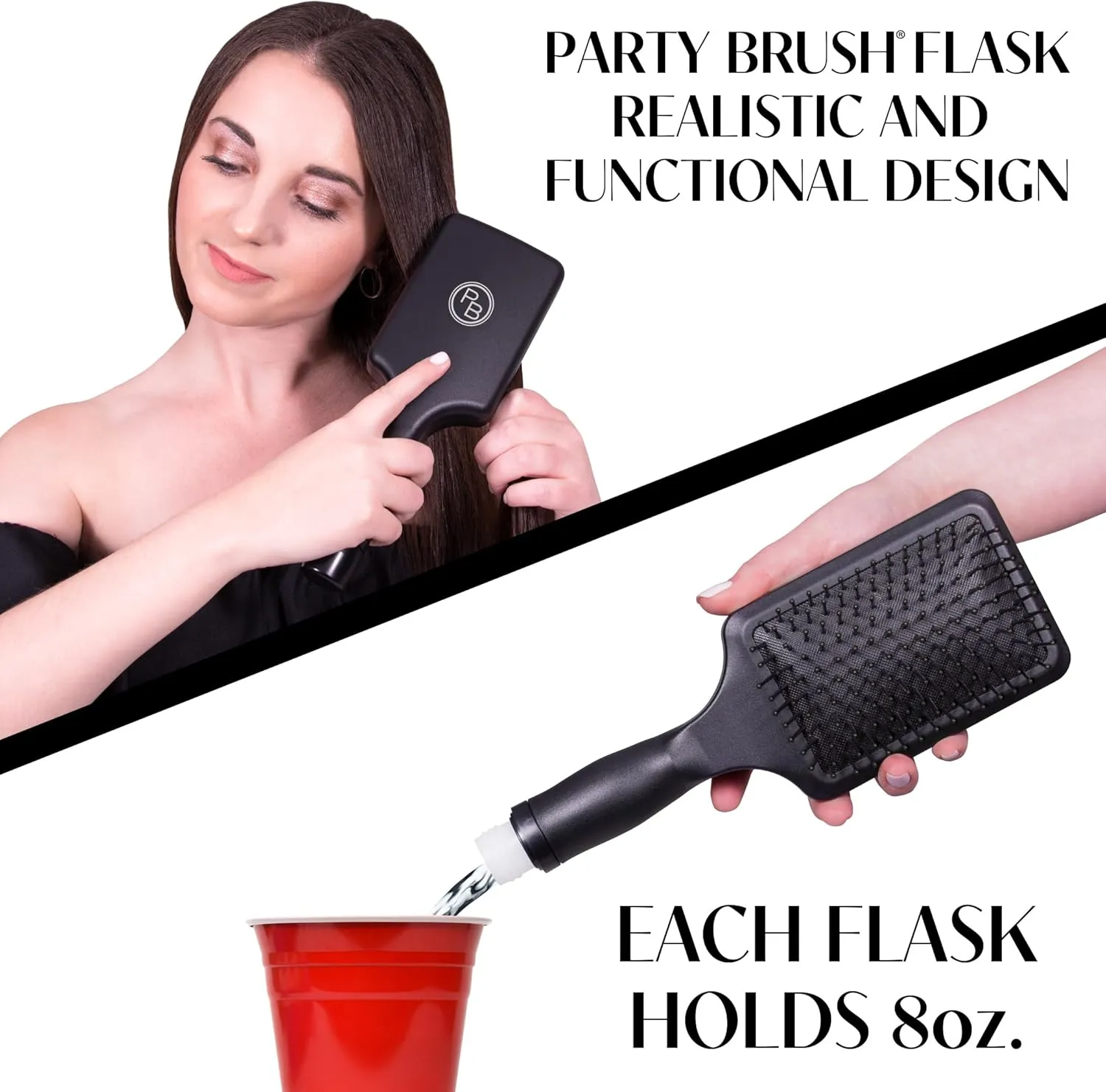 GoPong Hair Brush Flask 2 Pack (16 oz Total) - Party Brush Hidden Alcohol Travel Flasks for Women and Men – Secret Liquor Containers for Concerts, Cruises, and Sports Events - Black