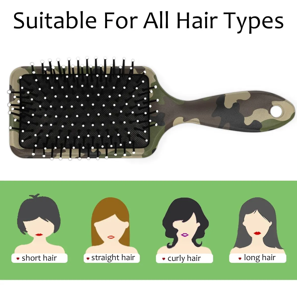 Green Camo Camouflage Hair Brush for Kids Girls Boys, Wet Dry Detangling Hair Brush Soft Bristle Hair Brushes Paddle Hairbrush for All Hair Types Women Men