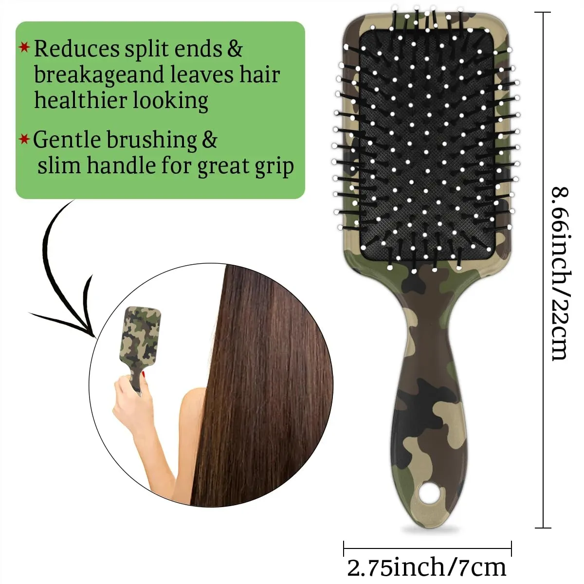 Green Camo Camouflage Hair Brush for Kids Girls Boys, Wet Dry Detangling Hair Brush Soft Bristle Hair Brushes Paddle Hairbrush for All Hair Types Women Men