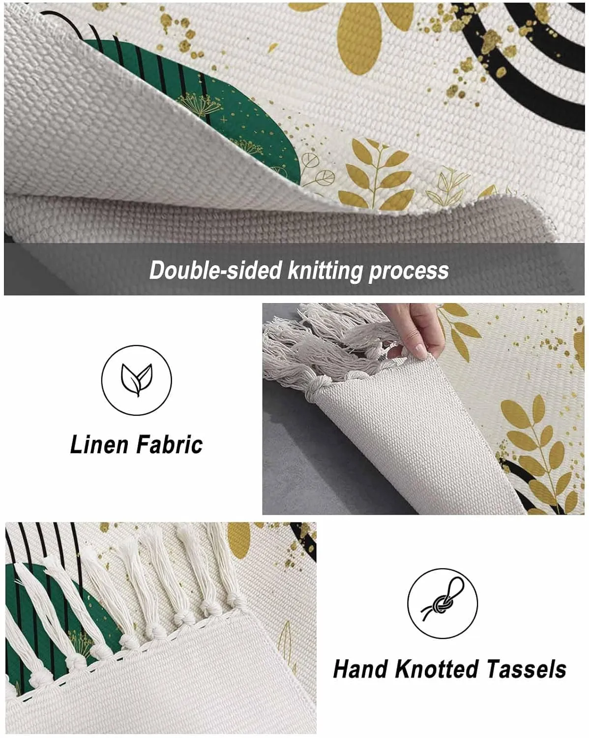 Green Golden Boho Large Runner Rug 4X6 Ft Living Room Area Rug, Washable Woven Throw Carpet with Tassel, Farmhouse Geometric Leaves Plant Non-Shedding Bedroom Office Carpets