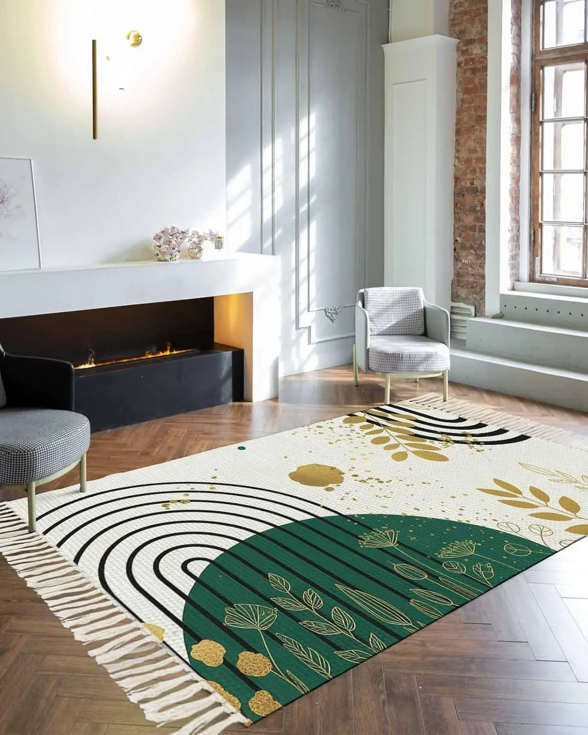 Green Golden Boho Large Runner Rug 4X6 Ft Living Room Area Rug, Washable Woven Throw Carpet with Tassel, Farmhouse Geometric Leaves Plant Non-Shedding Bedroom Office Carpets