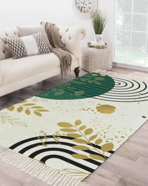 Green Golden Boho Large Runner Rug 4X6 Ft Living Room Area Rug, Washable Woven Throw Carpet with Tassel, Farmhouse Geometric Leaves Plant Non-Shedding Bedroom Office Carpets