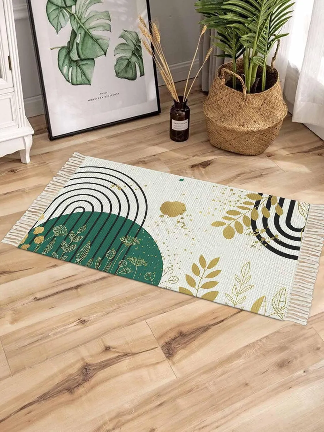 Green Golden Boho Large Runner Rug 4X6 Ft Living Room Area Rug, Washable Woven Throw Carpet with Tassel, Farmhouse Geometric Leaves Plant Non-Shedding Bedroom Office Carpets