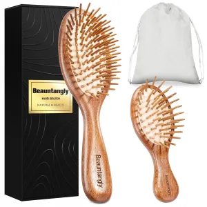 Hair Brush Set, Natural Bamboo Bristles Hairbrush for Hair Growth, Mini Brush for Women Men Kids Thick Curly Thin Long Short Wet Dry Hair No More Tangle, Detangling Massaging Scalp