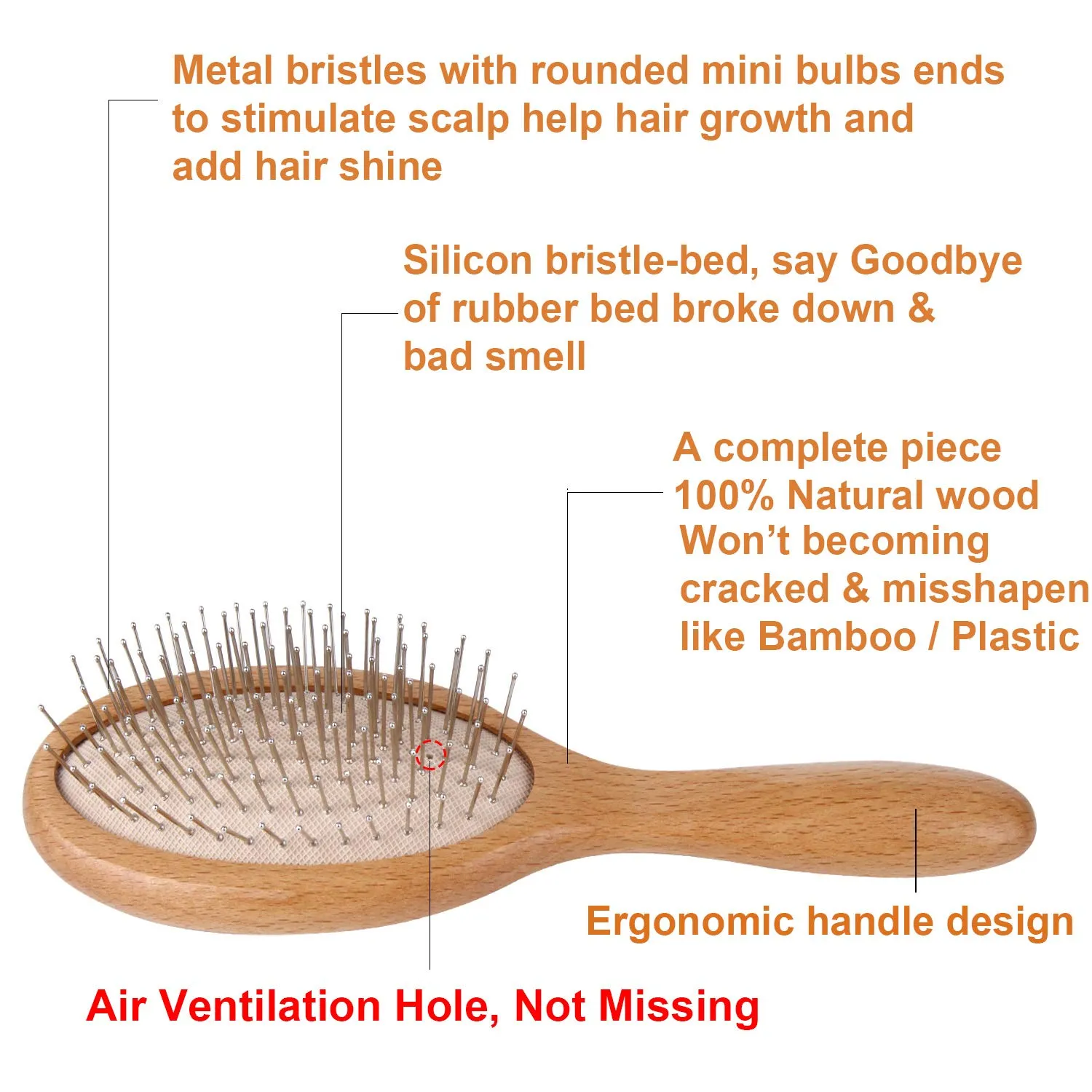 Hair Brush, Wooden Hairbrush with Metal Bristles, Stimulates Scalp for Hair Growth, Gift for Mother's & Father's & Friends, All Hair Types