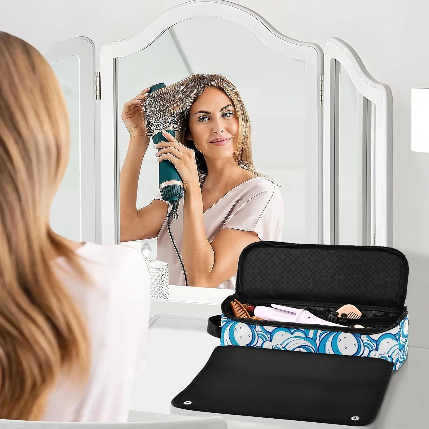 Hair Tools Travel Bag with Heat Resistant Mat Detachable 2-in-1 Curling Iron Travel Case Hot Tools Organizer for Straightener Flat Iron Abstract Blue Wave
