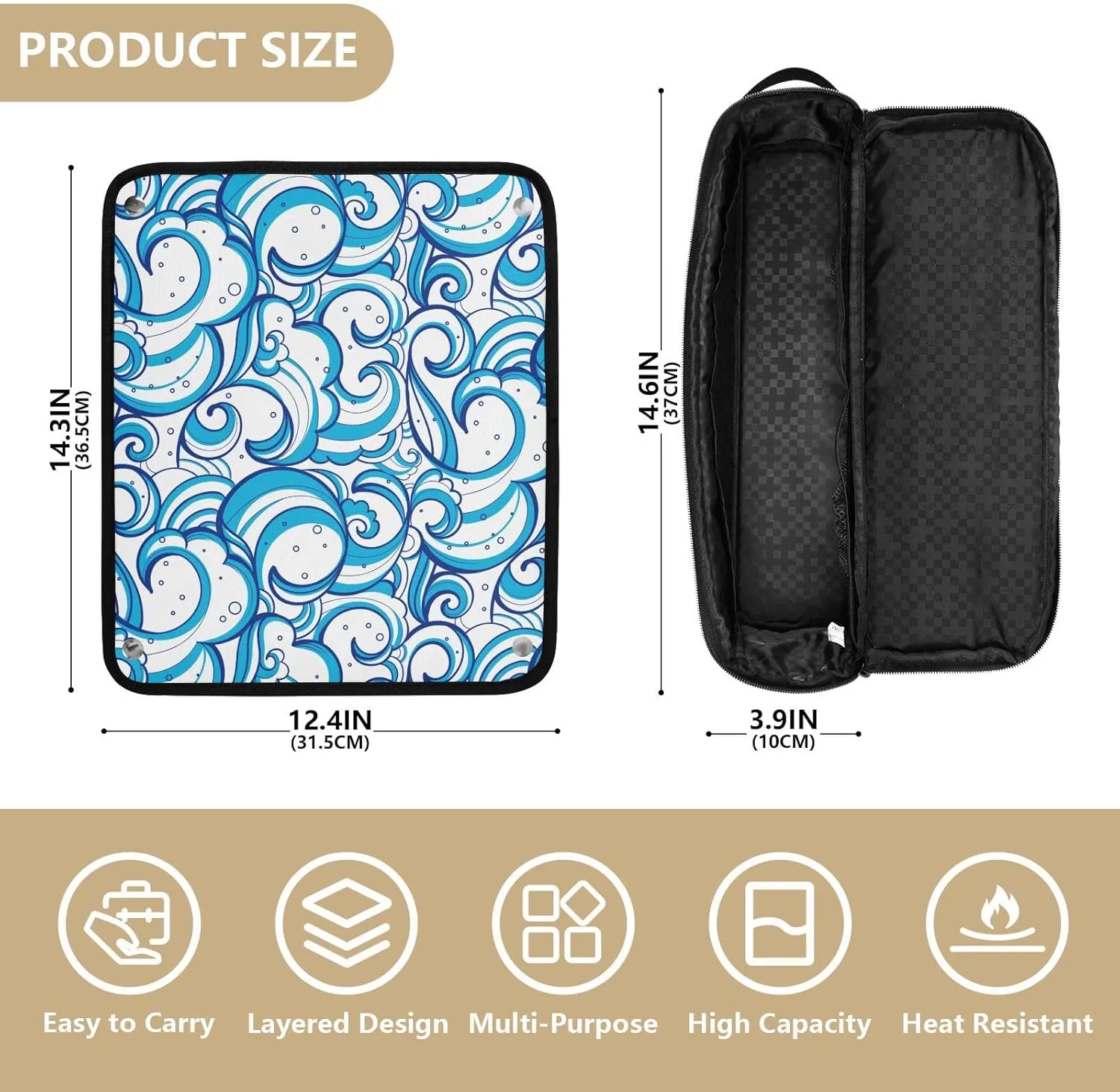 Hair Tools Travel Bag with Heat Resistant Mat Detachable 2-in-1 Curling Iron Travel Case Hot Tools Organizer for Straightener Flat Iron Abstract Blue Wave