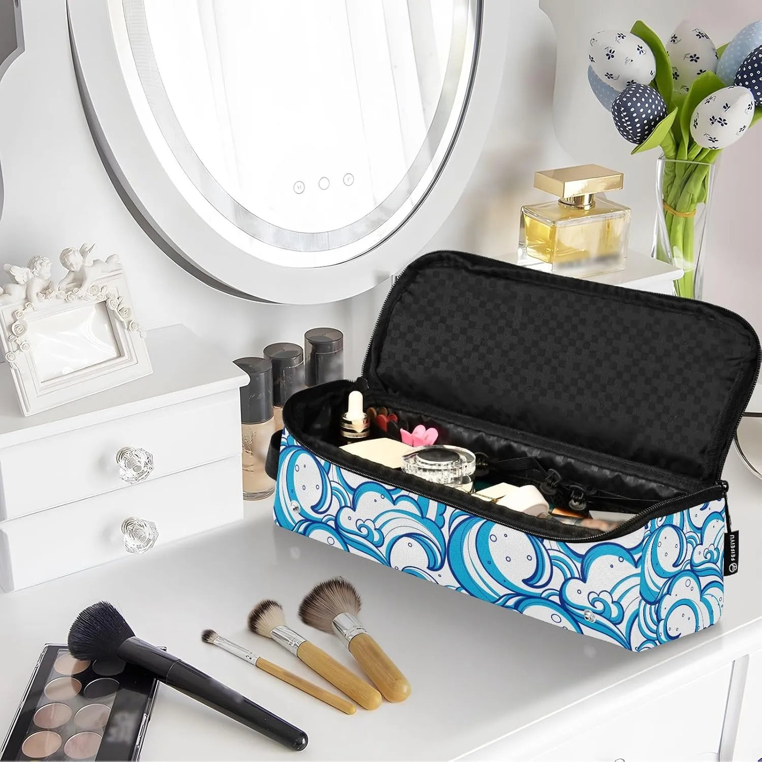Hair Tools Travel Bag with Heat Resistant Mat Detachable 2-in-1 Curling Iron Travel Case Hot Tools Organizer for Straightener Flat Iron Abstract Blue Wave