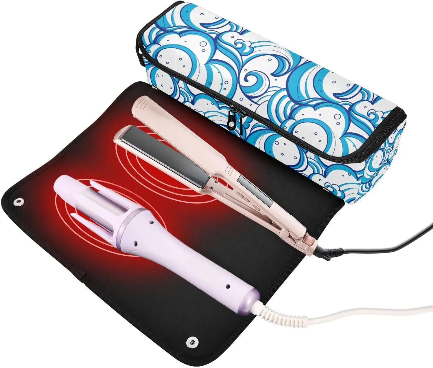 Hair Tools Travel Bag with Heat Resistant Mat Detachable 2-in-1 Curling Iron Travel Case Hot Tools Organizer for Straightener Flat Iron Abstract Blue Wave
