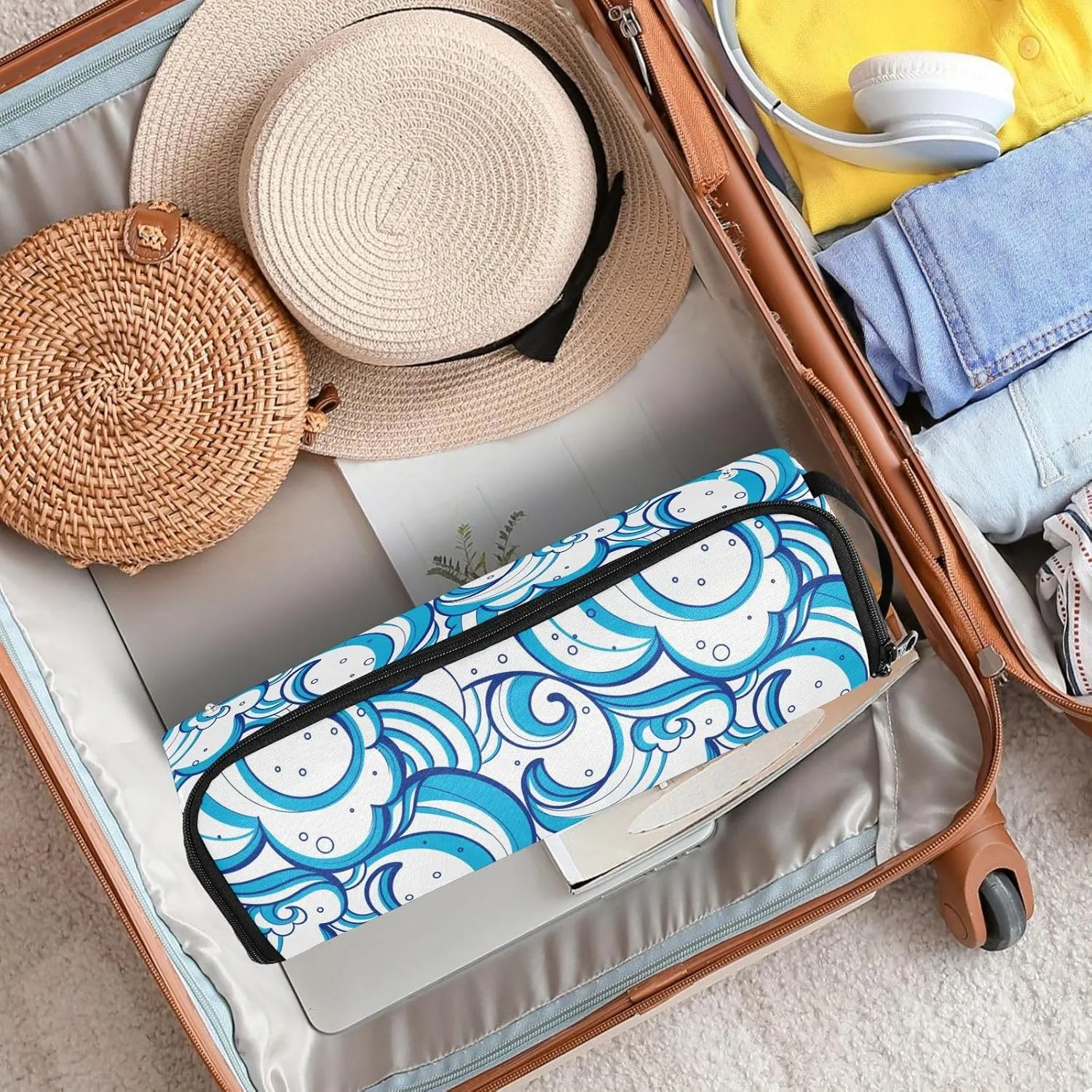 Hair Tools Travel Bag with Heat Resistant Mat Detachable 2-in-1 Curling Iron Travel Case Hot Tools Organizer for Straightener Flat Iron Abstract Blue Wave
