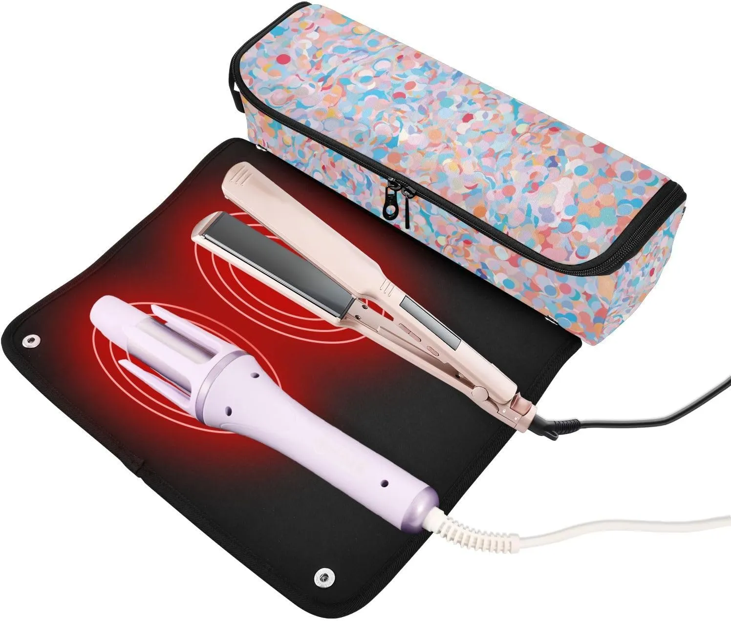 Hair Tools Travel Bag with Heat Resistant Mat Detachable 2-in-1 Curling Iron Travel Case Hot Tools Organizer for Straightener Flat Iron Abstract Glitter