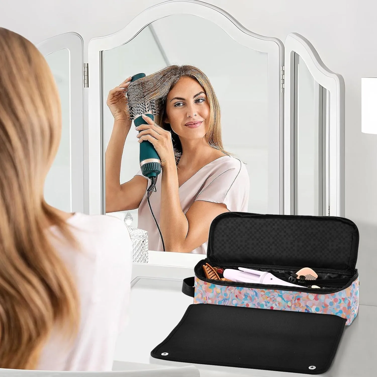 Hair Tools Travel Bag with Heat Resistant Mat Detachable 2-in-1 Curling Iron Travel Case Hot Tools Organizer for Straightener Flat Iron Abstract Glitter