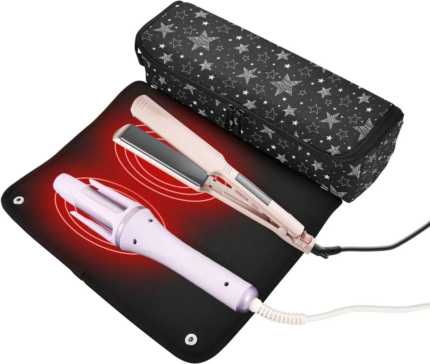 Hair Tools Travel Bag with Heat Resistant Mat Detachable 2-in-1 Curling Iron Travel Case Hot Tools Organizer for Straightener Flat Iron Black Stars