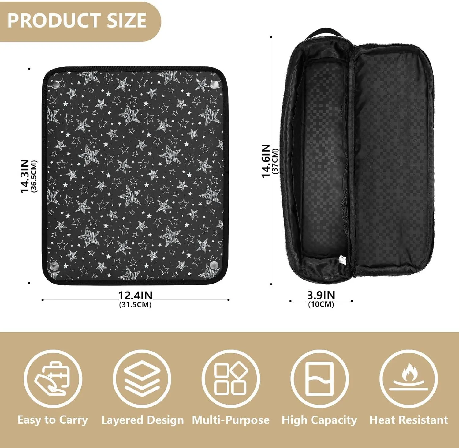 Hair Tools Travel Bag with Heat Resistant Mat Detachable 2-in-1 Curling Iron Travel Case Hot Tools Organizer for Straightener Flat Iron Black Stars